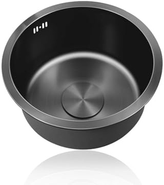 Lavello Cucina 1 Vasca Nero,Lavandino Cucina Piccolo,Lavelli da Cucina Acciaio Inox,Lavabo Rotondo con Set Di Drenaggio,Installazione Appoggio o Sottopiano (Ø 42cm)