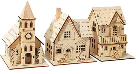 Wood Village Houses, Lys trähus - LED Bord Julstuga,3x rolig semesterdekoration, söt skrivbordsprydnad för sovrum, kök, bondgård, bokhyllor