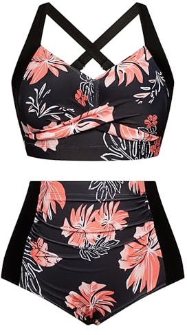 Hanna Nikole Womens Push Up Swimsuit High Waisted Bikini Sets 2 Piece Bathing Suit Orange Flowers L
