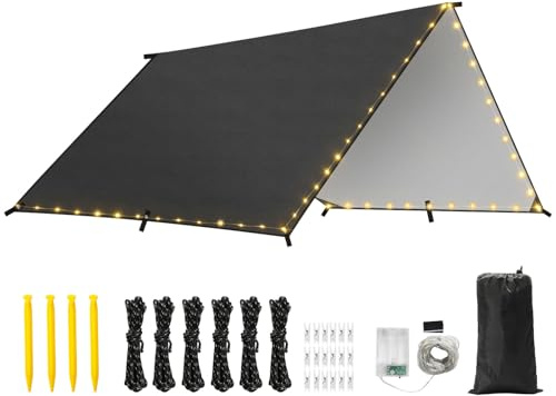 Rhino Valley Bâche de Camping Imperméable, 3x3M Grand Abri Extérieur avec Cordes Légères, Abri Léger Portatif Taud de Pluie Taud de Camping pour Randonnée Voyage Sac à Dos, Noir