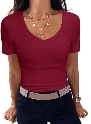 Aottori Camiseta Manga Corta Mujer Cuello en V Elástico | Básico, Verano, Elegante, de Punto, Blusa, Ligero, Sólido, Casual, Túnica, Top
