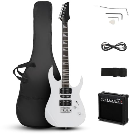 LALAHO 39 Inch Beginners Electric Guitar Kit with H-S-H Pickup, Solid Body Electric Guitar Set with 20W Amplifier, Tremolo Arm, Bag, Pick, Shoulder Strap, Cable (White)