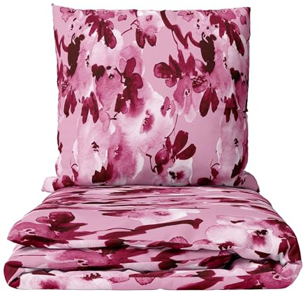 Leonado Vicenti Feinbiber Bettwäsche mit Blumenmuster in Rosa & Bordeaux 135x200 cm + 80x80 cm Kissenbezug mit verdecktem Reißverschluss