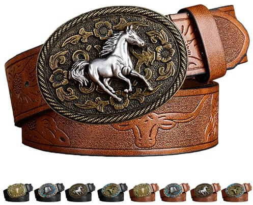 LUKIUP Cintura in Pelle Western con Fibbia da Cowboy per Uomo e Donna, Western Cintura Cowboy Uomo con Incisione Floreale Longhorn Bull Texas, con Fibbia in Pelle per Jeans, per Regalo di Compleanno