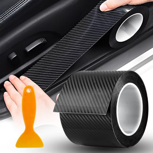 AKOLAFE Protector Umbral Puerta Coche 10 cm X 10 m, Cinta Fibra Carbono Coche Negra K3D, Tira Adhesiva para Puertas, Estribos, Bordes y Protección Decorativa con Rascador