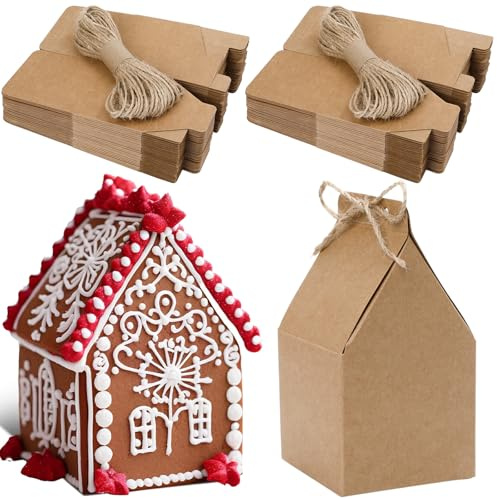 50 Pcs Christmas Gingerbread Houses Kit House-Shaped Cookie Gift Boxes Bulk Cardboard Christmas Crafts DIY Build Gingerbread Candy Goodie Box Supplies for Winter Xmas Holiday Game Party Favor Holder
