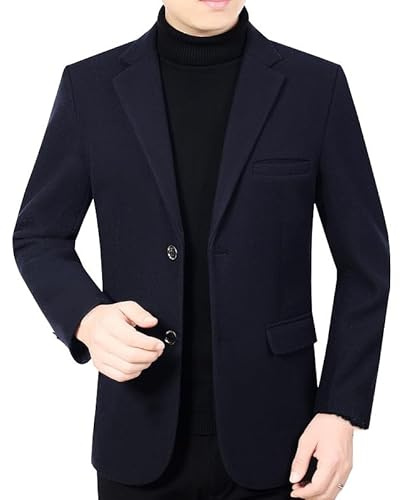 Men's Casual Blazer, Mens Wool Blazer Sport Coat Navy Blue Herringbone Tweed Suit Jackets with Pocket Slim Fit Two Button Business Coat Top for Fall Winter