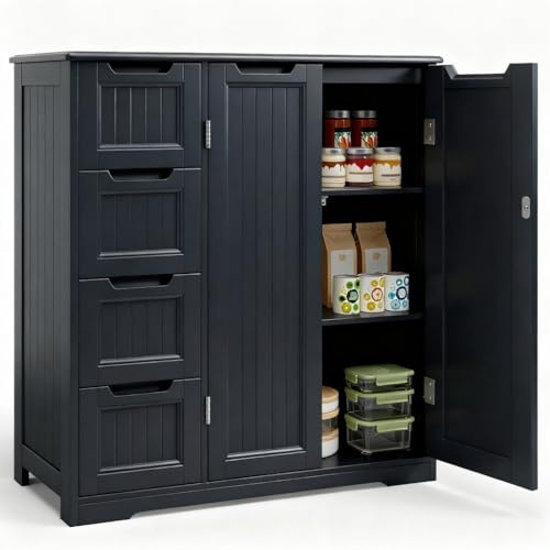 Gizoon Wooden Bathroom Floor Cabinet, Side Storage Organizer Cabinet with 4 Drawers & Double Doors, Freestanding Entryway Storage Unit Console Table, Bathroom Living Room Dining Kitchen, Black
