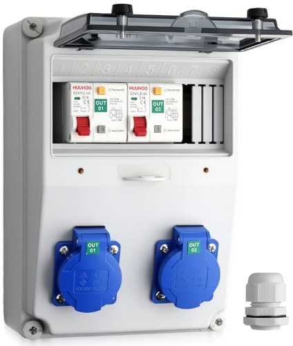 CAMWAY Coffret Électrique de Chantier IP66 avec 2 Prises Schuko et Disjoncteur FI+LS,Coffret Chantier Répartiteur Mural Etanche,Distributeur de Courant Électrique pour Extérieur,Jardin,Garage