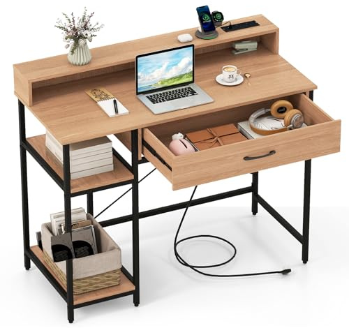 COSTWAY Computer Desk, Wooden Study Table Writing Workstation with Monitor Stand, Storage Shelves & Drawer, Heavy-duty PC Laptop Table Working Desk for Home Office (Natural, 106 x 48 x 90cm)