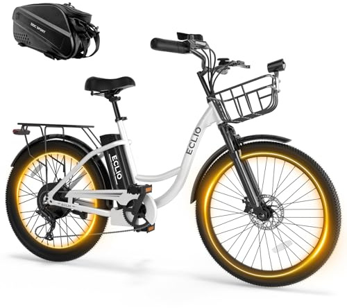 DDC SPORT Electric Bike for Adults, Peak 700W Motor 20MPH, 374.4WH Removable Battery 50Miles, 24'' Step Through City Cruiser Ebike for Commuter, E-Bike with 7-Speed, Front Basket