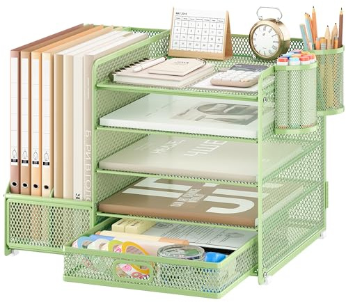 VITVITI Organiseur de bureau à 5 niveaux avec tiroirs, porte-documents avec 2 porte-stylos, organisateur de bureau avec porte-revues, fournitures de bureau pour rangement de documents A4, vert