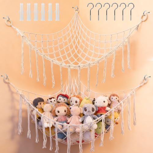 2 Pcs Teddy Storage Toy Hammock with 6 Hooks and 6 Expansion Tube Hooks | For Corner Holder For Kids Room,Soft Toy Storage,Teddy Bear Hammock for Toy Storage Solution to Declutter & Decorate,Beige