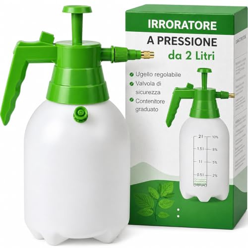Spruzzatore a Pressione 2 Litri con Ugello Regolabile SENZA PERDITE e Valvola di Sicurezza - Nebulizzatore Manuale per Giardino e Casa in PLASTICA RESISTENTE - con Contenitore Graduato