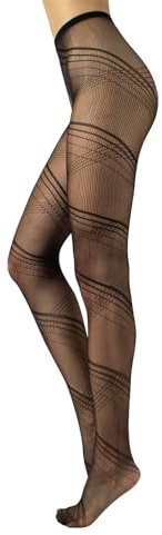 CALZITALY Medias Rejilla, Medias de Red, Medias sin Costuras, Medias con Hilo Reciclado, Mallas Fantasía Flores, Espiga, Geométrica, Negro, Natural, S-M, L-XL | Made in Italy (L-XL, Negro-Tejido)