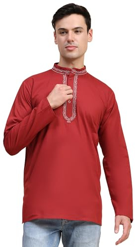SKAVIJ Chemise Homme - Kurta en Coton - Chemises Décontractées Brodées Rouge S