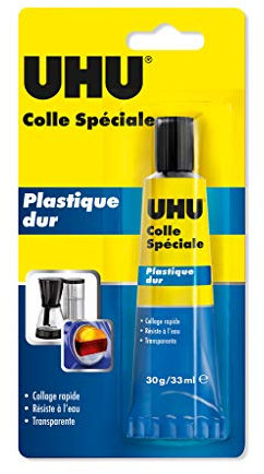 UHU Colle spéciale plastique dur - colle idéale pour toutes les matières plastiques courantes, transparente, tube 30g