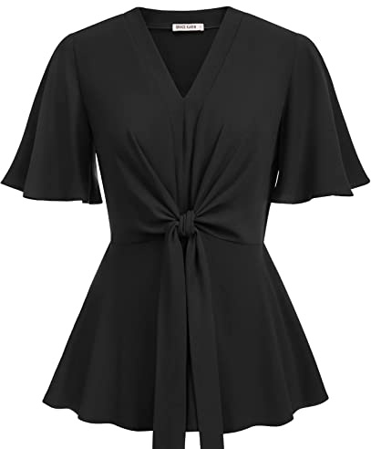 Black Peplum Tops for Women V Neck Tie Front Shirts Tops Dressy XL