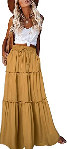 EARKOHA Women's Skirt, Casual Long Maxi Skirt High Waist Paisley Pattern Layered Design and Pockets, Z-Ginger, M