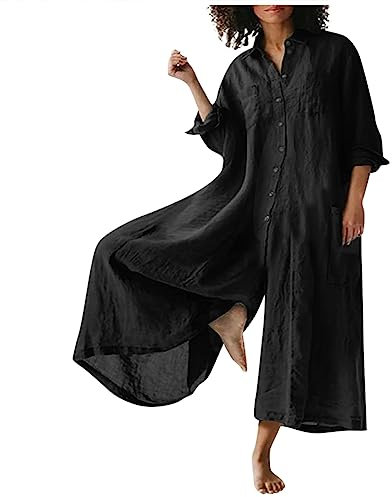 RMBLYfeiye Leinen Jumpsuit Damen Revers Einfarbiges Langarm Latzhose Mit Taschen Knopfleiste Weites Bein Trägerhose Baumwoll Leinen Sommer Overall Arbeitslatzhose Latzhose Oversize