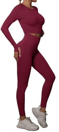 dohomiryo Abbigliamento Sportivo da Donna Set 2 Pezzi Top Sportivo e Vita Alta Leggings Yoga Tuta Ginnastica Completo Tuta per Running Yoga Rosso vino S