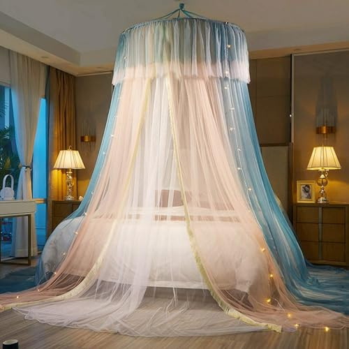 HUOQOU Baldaquin de lit Princesse pour Filles Rideau de baldaquin Double Couche Voile Transparent Dôme Rideau de lit en Dentelle Ronde Moustiquaire deTente pour décoration de Chambre(Rose/Bleu/Blanc)
