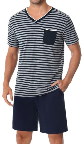 Leversic Verano Conjunto de Pijama Hombre Ropa de Dormir de Algodón Camisetas de Pijama a Rayas de Manga Corta y Pantalones Cortos para Dormir con Bolsillos(Gris Oscuro,L)