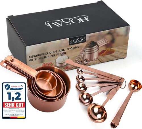 Edelstahl Messbecher & Löffel 12er-Set, inkl. 5 ineinander stapelbaren Metall-Messbecher, 5 Messlöffel mit Messlineal, Küchenhelfer zum Kochen & Backen,Dosierlöffel, Measuring cups (Roségold)