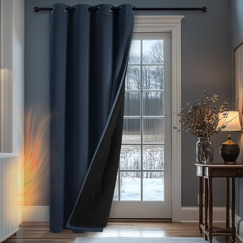 Deconovo Door Curtains Thermal with Thick Microfiber Quilted Lining, Winter Energy Saving Blackout Curtain for Daughts Reducing, Eyelet Thermal Curtain, 52 x 84 Inch, Navy Blue, 1 Panel