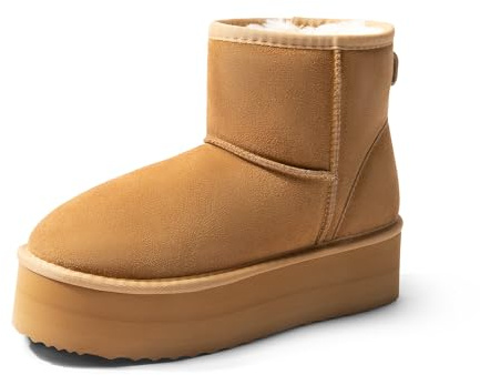 DREAM PAIRS Botas Clásicas de Plataforma de Ante Genuino para Mujeres Impermeables Fuzzy Botas de Invierno de Tobillo para Nieve con Lazos Forro de Piel Sintética,Size 43,Castaña,SDSB2428W