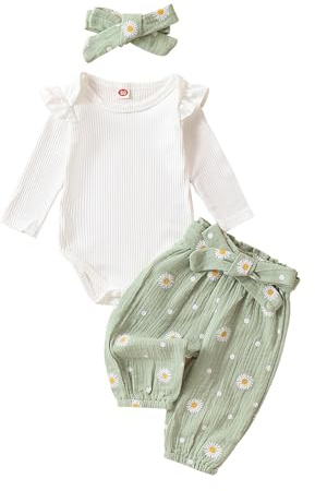 Geagodelia 3Pcs Baby Girl Daisy Clothes Outfit Set Newborn Clothing Ruffle Bodysuit Top + Pants Shorts + Headband Spring Summer Baby Grows 0-24 Months (Long - Green, 12-18 Months)