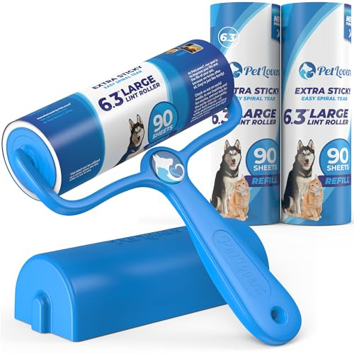 PetLovers 6.3 Large Lint Roller for Pet Hair Extra Sticky 270 Sheets, Ideal for Pet Hair Removal from Furniture & Clothes, Dog and Cat Lint Remover 3 Pack