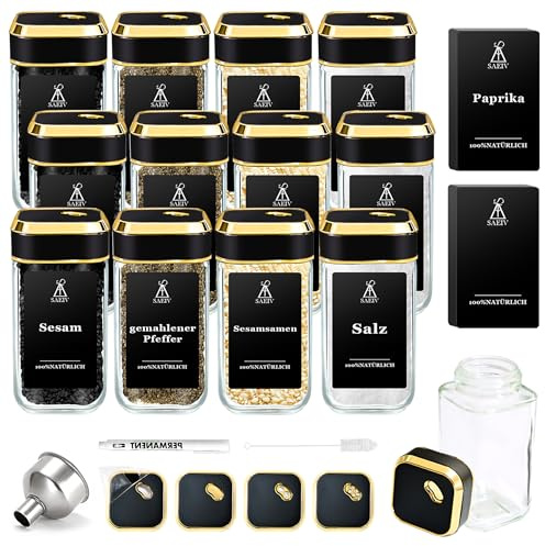 SIAZIH Spargere spezie con elegante coperchio in oro nero, barattoli per spezie dorati (12 x 120 ml), set di contenitori per spezie, etichette per spezie, barattoli per spezie in vetro per la