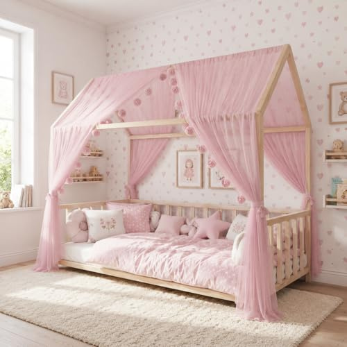 Baby Fancyroom Sänghimmel, hussänghimmel för barn, för barnsäng, barnrum, baldakin, sänggardin, för flickors prinsessrum (rosa, 300 cm, med 5 gyllene fjärilar)