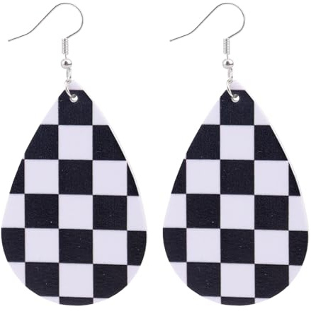 Checkered Earrings for Women, Black and White Chessboard Dangle Drop Earrings Lightweight Leather Teardrop Vintage Accessories Gift for Her