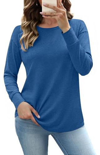 Totatuit Túnica Mujer Elegante Cuello Redondo Manga Larga Top Chic Algodón Extensible Ideal Oficina y Ocio Azul Rey，L