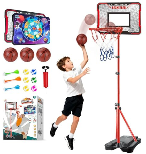 3 in 1 Basketball Hoop for Kids, Adjustable Toddler Basketball Goal with Dart Board, Soft Darts, Toss Balls and 3 Mini Basketballs, Indoor Sports Toy Gift for Boys and Girls Ages 3+