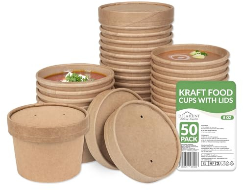 8oz (237ml) Kraft Soup Containers with Lids [50 Pack] - Leakproof Disposable Food Pots | Freezer & Microwave Safe Takeaway Containers, Soup Cups, Ice Cream Tubs for Hot Food & Desserts