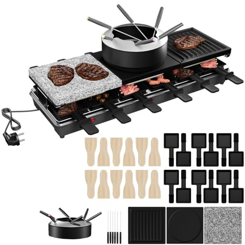 ACXIN Set per raclette e fonduta 3 in 1 per 12 persone, 1650 W, con piastra in pietra naturale, piastra metallica, piastra per crepes, 12 padelle, pentola per fonduta con 6 forchette, rivestimento