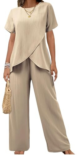 Women's 2 Piece Outfits Loose Fit Tops Wide Leg Pants Short Sleeve Sets Summer Two Piece Sets For Women Loose Pants Suits Beige