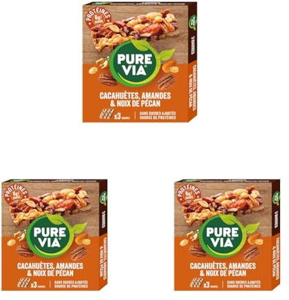 Pure Via Barres de Céréales Cacahuètes, Amandes et Pécan, Sans Gluten, Sans Sucre Ajouté, Vegan, Riche en Fibres et Protéines, 3 x 35g (Lot de 3)
