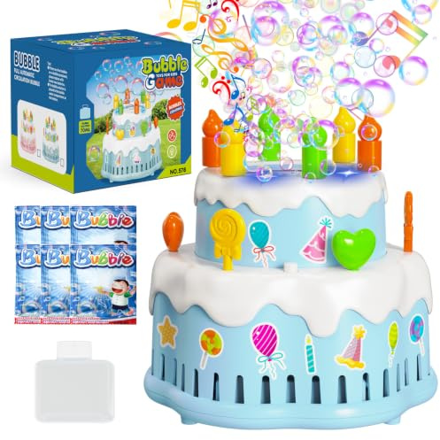 BUBOJOY Machine à Bulles pour Enfants, Machine Bulle Gâteau Automatique 10000+ Bulles avec Musique/Lumières/Solution(1Flacon+6Recharge),13-Trou Bubble Machine pour Anniversaire Fêtes En Plein Air,Bleu