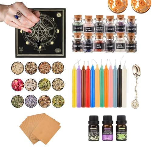 Witch Altar Spell Kit - Complete Ritual Supplies Set, Beginner Friendly Craft Tools Box, Includes Candles Crystals Herbs Incense Tarot pendulumm | Spiritual Pagan starterr Pack