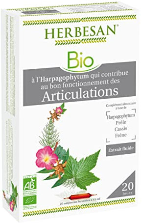 HERBESAN®- COMPLEXE ARTICULATIONS BIO -Harpagophytum, Prêle, Cassis, Frêne -Fabrication Française - 20 ampoules de 15ml