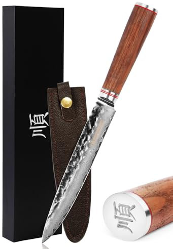 YOUSUNLONG Couteaux à découper - Couteaux à Sashimi Lame aiguisée 200mm - Couteau à Sushi Japonais VG10 Acier Damas Martelé - Manche en bois de noyer naturel avec étui en cuir