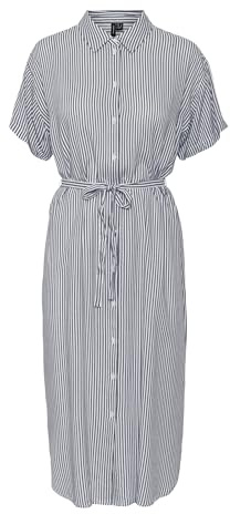 Vero Moda Femme Robe Vmbumpy Ss Calf Shirt Dress Noos, Blanc Neige / Rayures : Encre Indienne, L