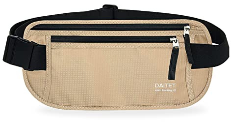 Ceinture d'argent avec blocage RFID pour homme et femme, sac banane fin pour voyage, course à pied, blocage RFID et largeur de ceinture, Noir/beige, 1.45 inch, Blocage RFID et largeur de la ceinture