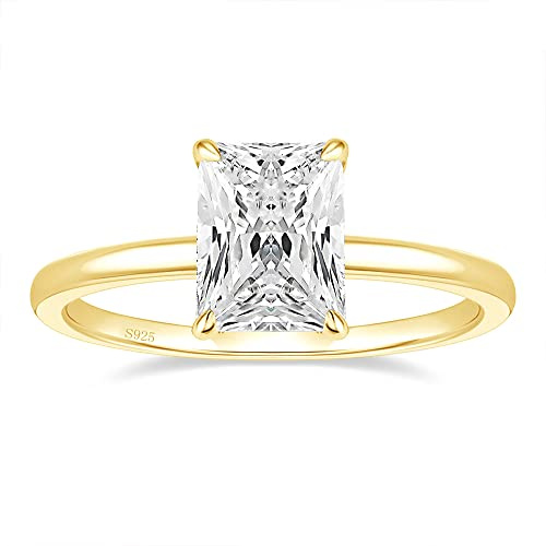 EAMTI 3CT 925 Sterling Silver 14K Gold Plated Engagement Rings Radiant Cut Solitaire Cubic Zirconia CZ Wedding Promise Rings for Her Wedding Bands for Women Size 7