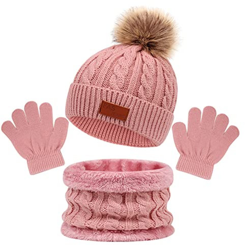 MIVAIUN Rosa 3 Stück Kinder Wintermütze Schal Handschuhe Mädchen Set Strickmütze Babymütze Runder Schal Mädchen Winter Wärme Häkeln Dicken Fleece Schal Größe für Mädchen 3-8 Jahre (3-8 Jahre)