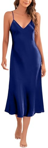 Marvmys Satin Nightdress for Women UK Long Negligees Strap Chemise Nighties for Ladies V Neck Full Slips Sleepwear Navy Blue XXL